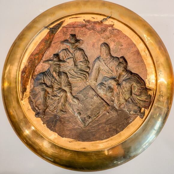 Vintage Oriental “Playing Board Games” Solid Bronze/Brass Decor Charger, 12.5” - Picture 4 of 6